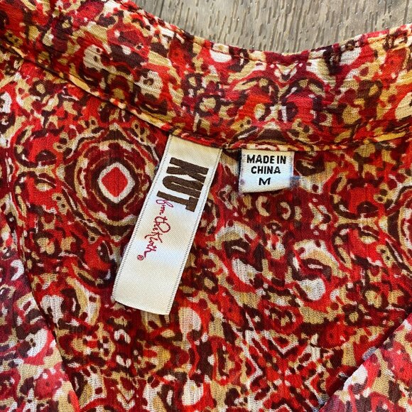 Kut from the Kloth Red Patterned Lightweight Button Front Blouse Long Sl… - Picture 3 of 7